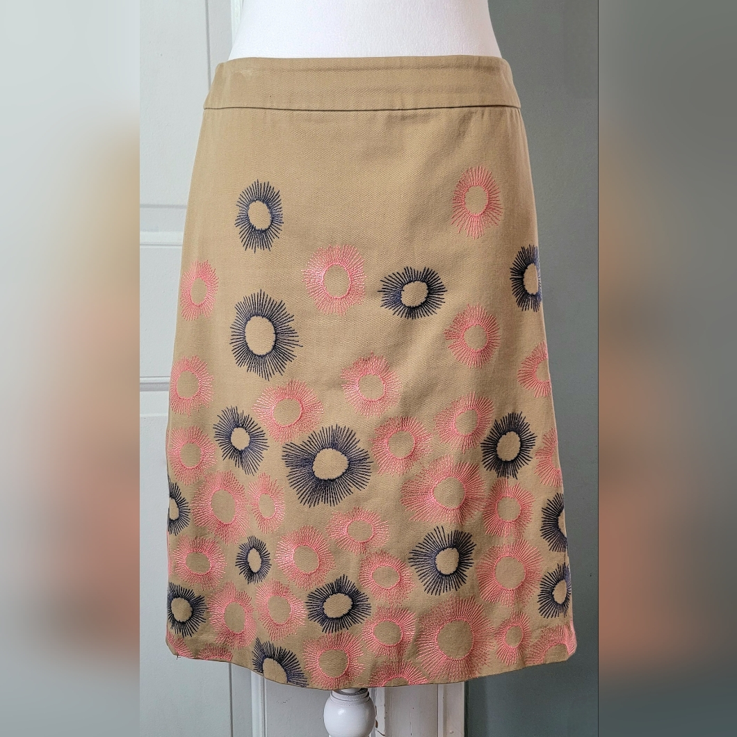 Boden Stitch Burst Embrodiered Midi Skirt Womens 6 Khaki A Line Pink Blue Cotton